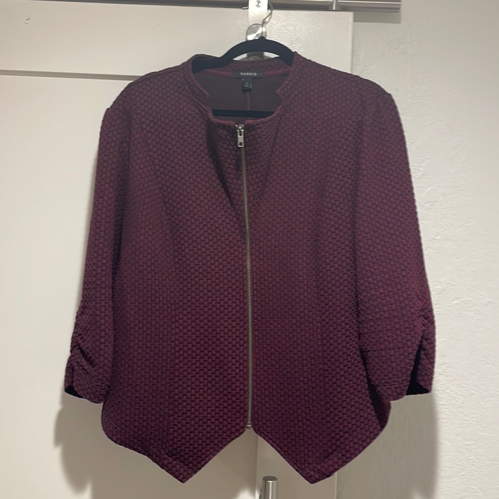 Maroon textured knit zip down from Torrid